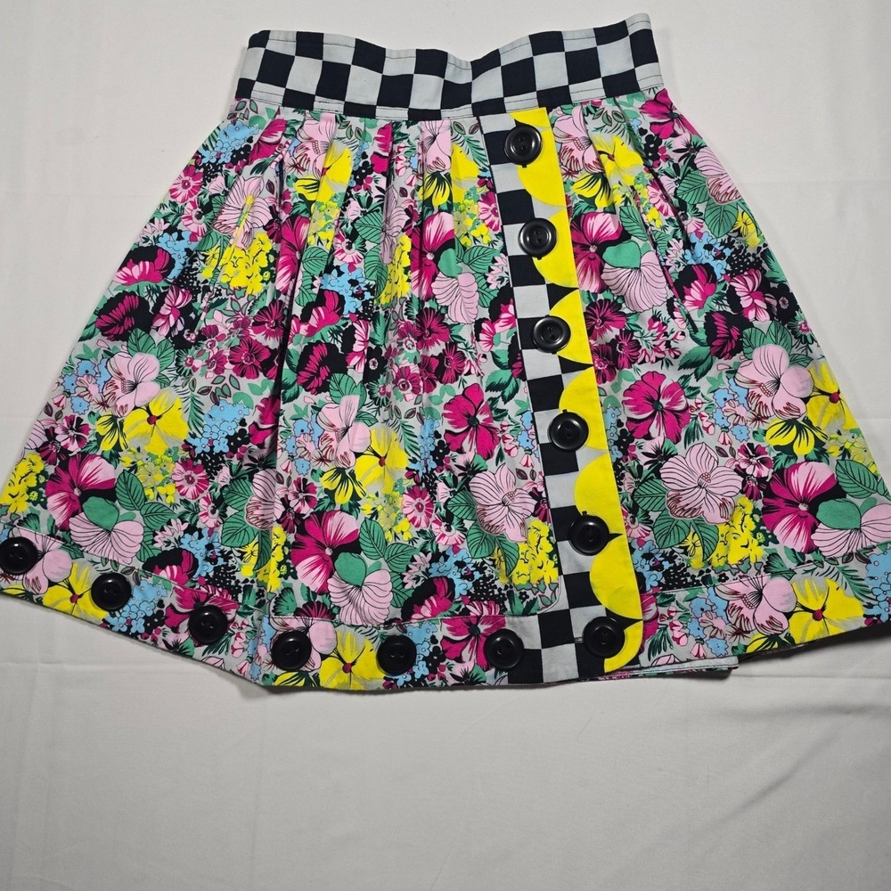 Plenty by Tracy Reese Floral Checkered Button Mini Skirt Size 2 Patchwork